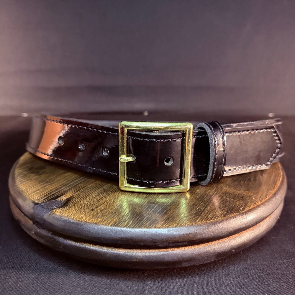 Galls 157 Trouser Belt Size 28" Stitched Leather Hi-Gloss Black Brass Buckle